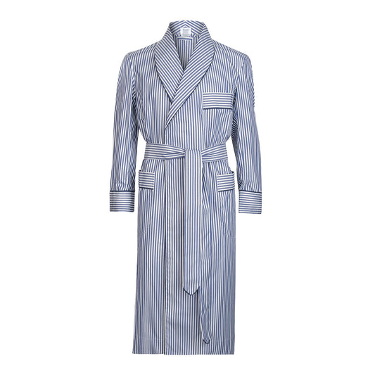 Exclusive Budd stripe cotton dressing gown in navy with navy piping