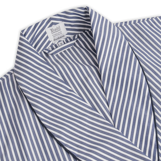 Collar detail on exclusive Budd stripe cotton dressing gown in navy with navy piping