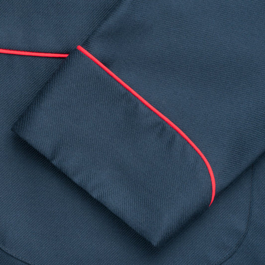 Red piping on navy wool dressing gown cuff