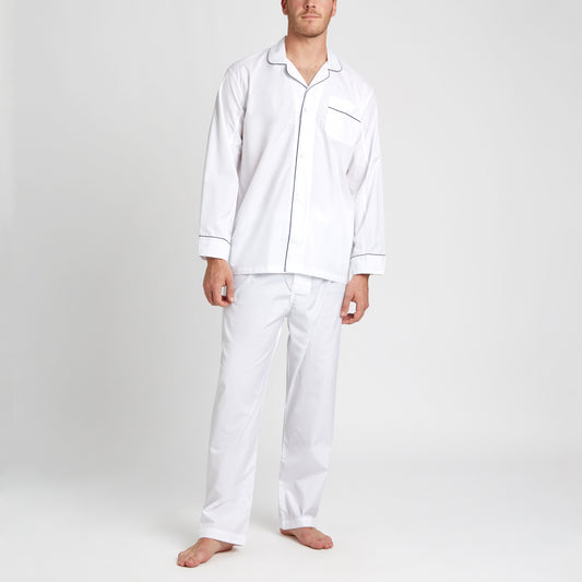 Plain Poplin Pyjamas in White with navy piping on model