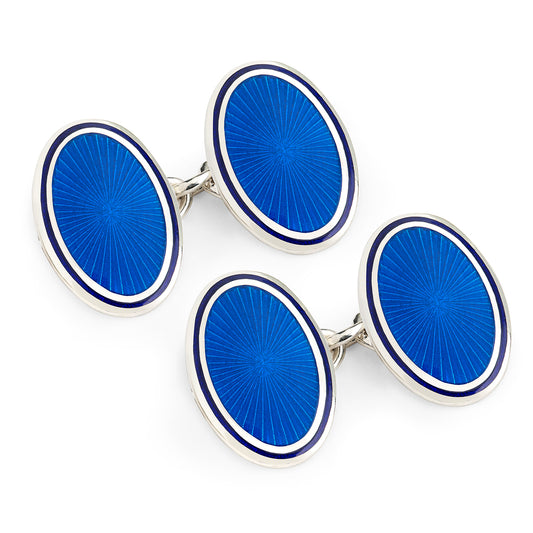 Sunburst Silver Cloisonne Chain Cufflinks in Blue