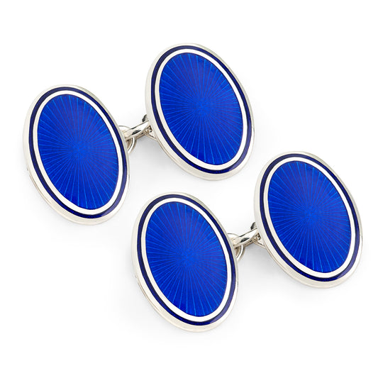 Sunburst Silver Cloisonne Chain Cufflinks in Royal and Navy