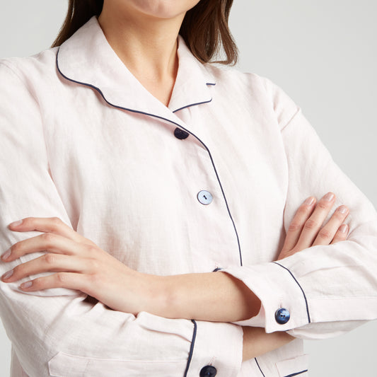 Plain Linen Women's Pyjamas in Pink and Navy on model details
