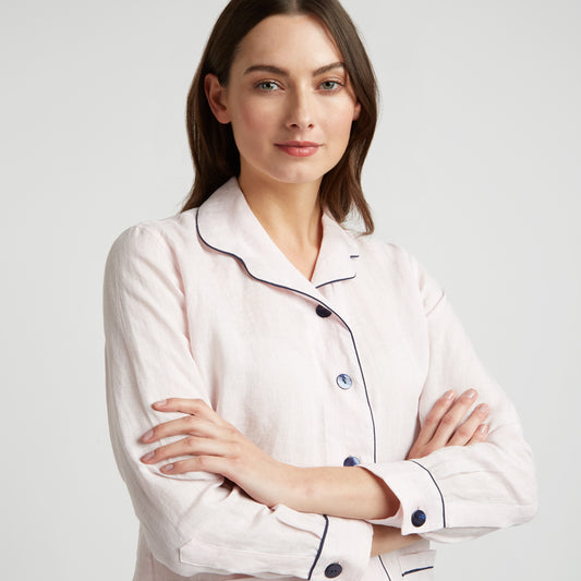 Plain Linen Women's Pyjamas in Pink and Navy on model