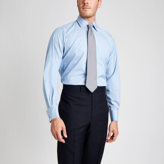 Classic Fit Exclusive End on End Sea Island Cotton Double Cuff in Blue on model 