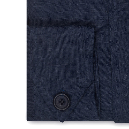 Plain Linen Button Cuff Safari Shirt in Navy Cuff