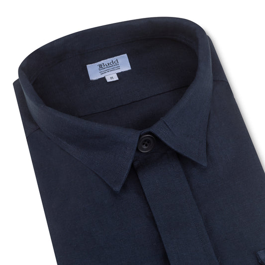 Plain Linen Button Cuff Safari Shirt in Navy Collar