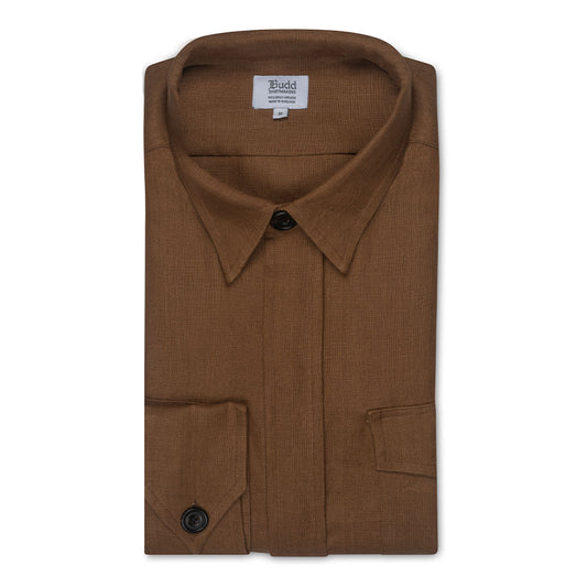 Plain Linen Button Cuff Safari Shirt in Tobacco Brown