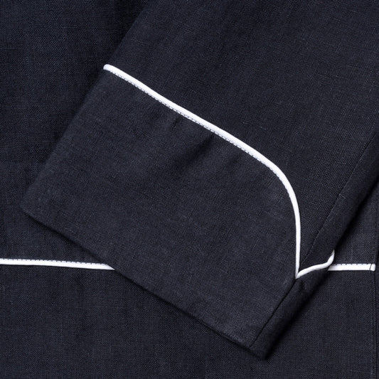 Plain Linen Dressing Gown in Navy cuff