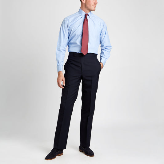 Classic Fit Sea Island Cotton Stripe Double Cuff Shirt in Blue and White on model