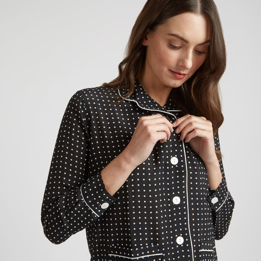 Spot Crepe de Chine Silk Women's Pyjamas in Black and White on model