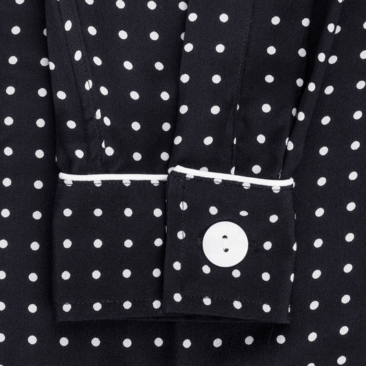 Sleeve detail on women's black and white spot crepe de chine silk pyjamas 
