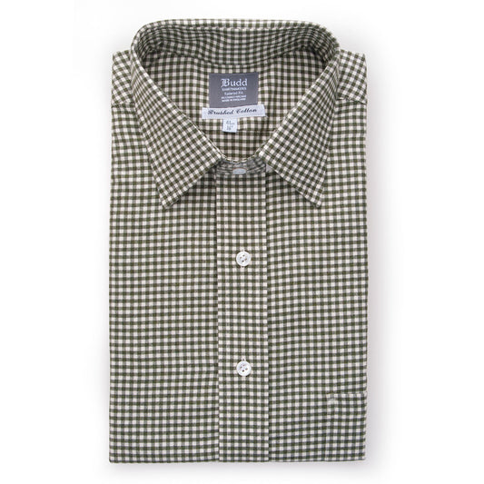 Tailored Fit Small Gingham Brushed Cotton Button Cuff Shirt in Green