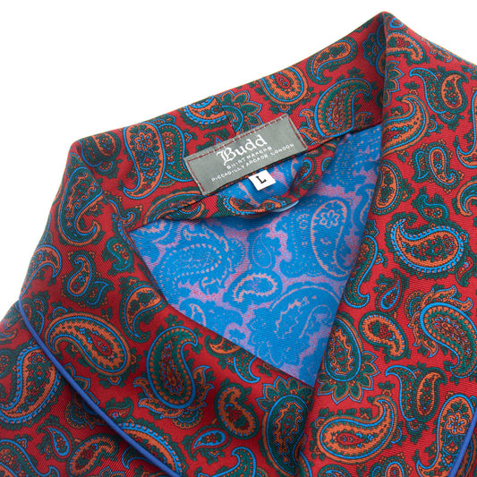 Shawl collar detail of red and blue authentic madder silk paisley dressing gown 