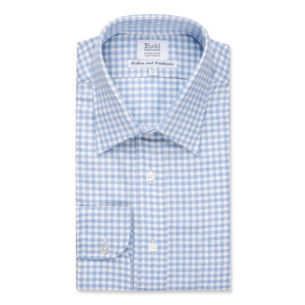 Classic Fit Block Check Cotton and Cashmere Button Cuff Shirt in Sky Blue