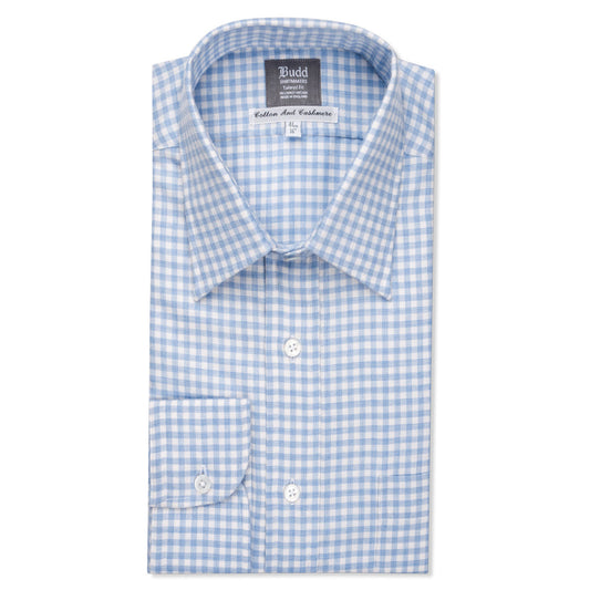 Tailored Fit Block Check Cotton and Cashmere Shirt in Sky Blue