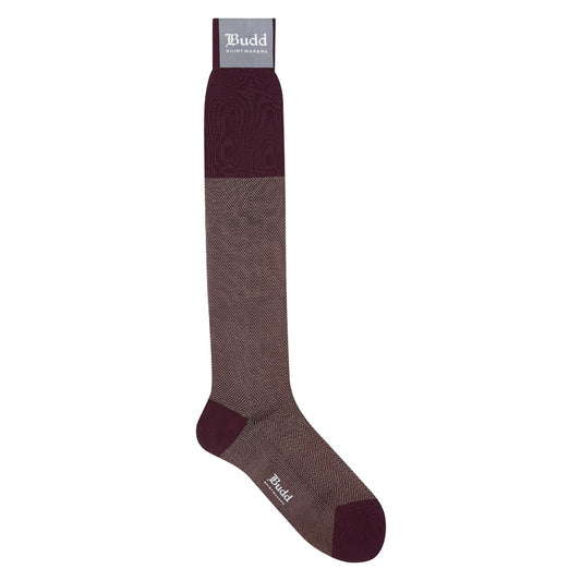 Herringbone Cotton Lisle Long Socks in Wine and Tan