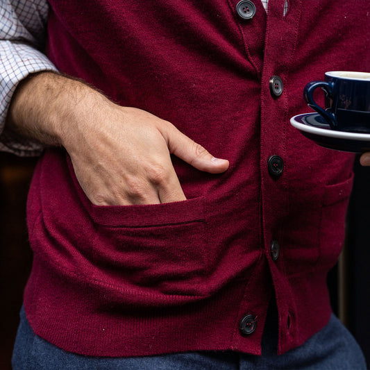 Pocket Detail on Cashmere Sleeveless Oxton Cardigan in Claret 