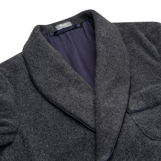Plain Cashmere and Wool Dressing Gown in Charcoal and Navy Collar