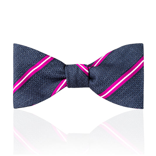 Multi-Stripe Tussah Silk Thistle Bow Tie in Magenta and White