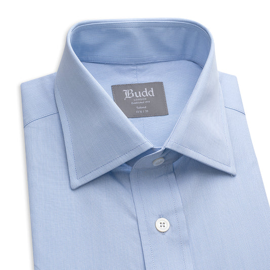 Tailored Fit Micro Check Cotton Button Cuff Shirt in Sky Blue
