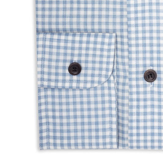Tailored Fit Small Gingham Brushed Cotton Button Cuff Shirt in Sky Blue Cuff