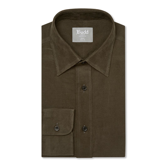 Tailored Fit Plain Fine Corduroy Button Cuff Shirt in Brown