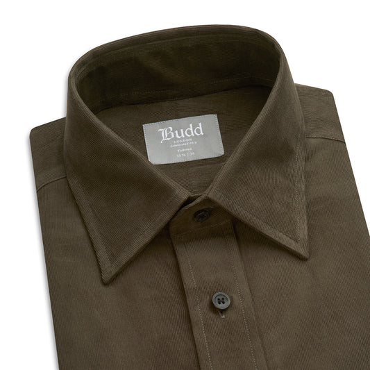 Tailored Fit Plain Fine Corduroy Button Cuff Shirt in Brown