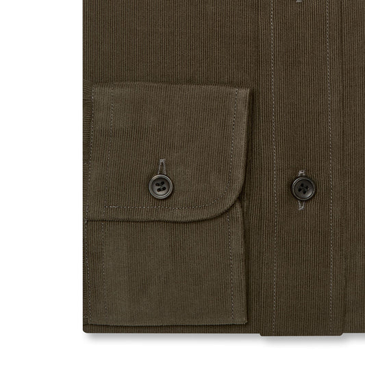 Tailored Fit Plain Fine Corduroy Button Cuff Shirt in Brown cuff detail