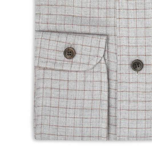 Tailored Fit Micro Houndstooth Brushed Cotton Button Cuff Shirt in Brown and Grey Cuff