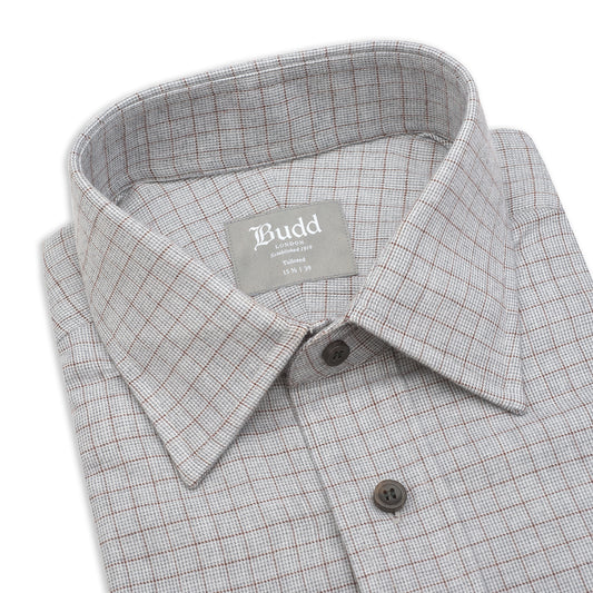 Tailored Fit Micro Houndstooth Brushed Cotton Button Cuff Shirt in Brown and Grey