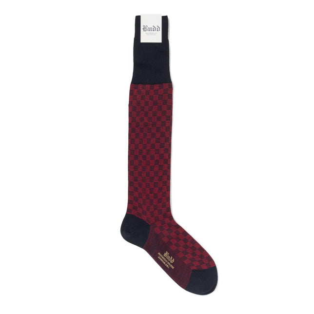 Large & Small Squares Cotton & Cashmere Long Socks in Navy and Red