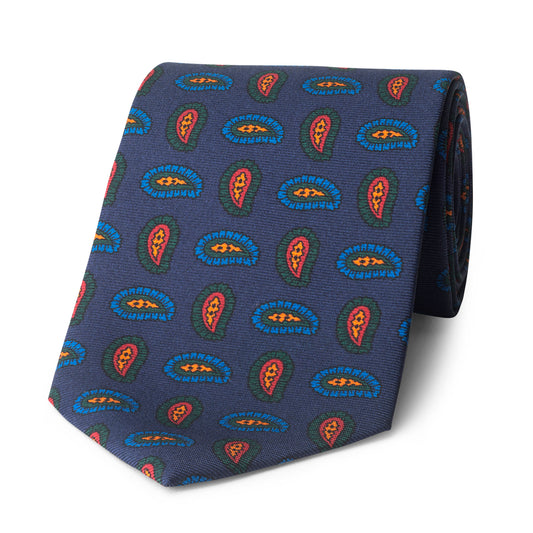 Navy madder silk tie with paisley feather motif in green and blue
