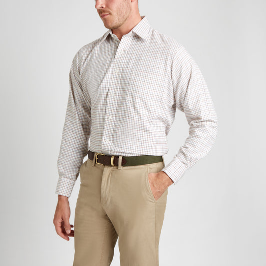 Classic Fit Petworth Check Cashmere and Cotton Shirt in Red on model front