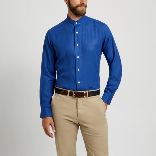 Tailored Fit Grandad Collar Linen Shirt in Budd Blue on model