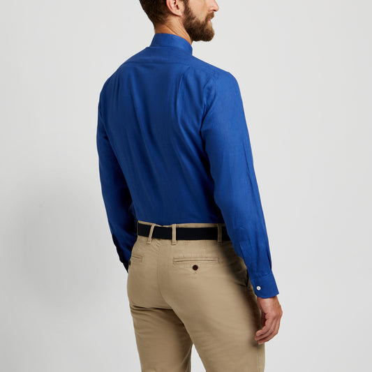 Tailored Fit Grandad Collar Linen Shirt in Budd Blue on model back