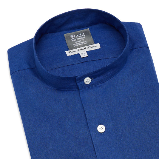 Tailored Fit Grandad Collar Linen Shirt in Budd Blue