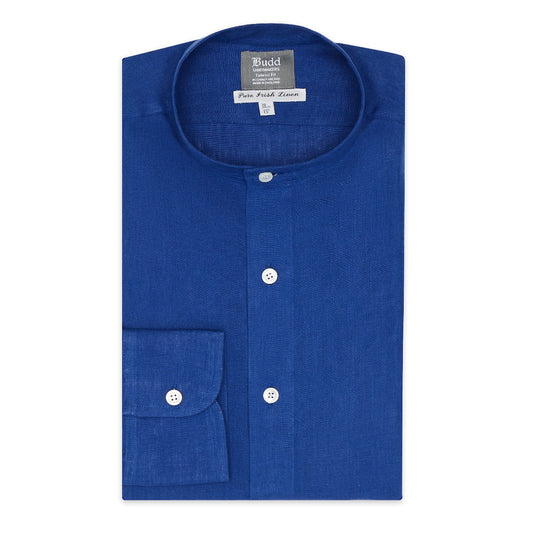 Tailored Fit Grandad Collar Linen Shirt in Budd Blue