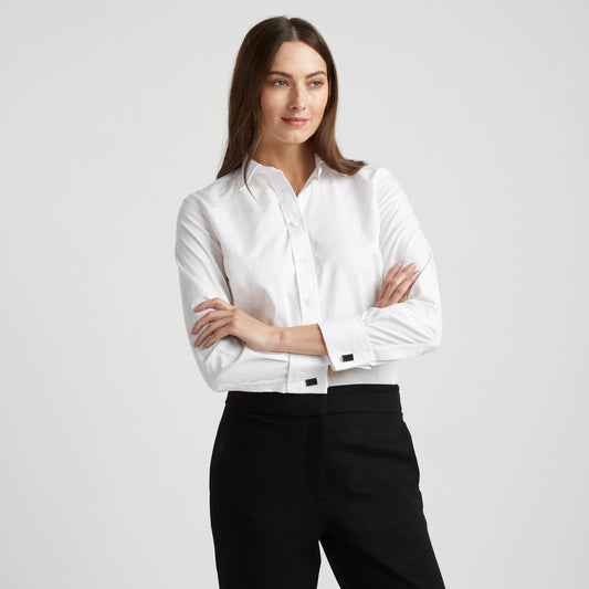 Buddette Poplin Double Cuff Shirt in White on model front