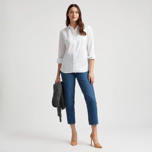 Buddette Poplin Button Cuff Shirt in White on model