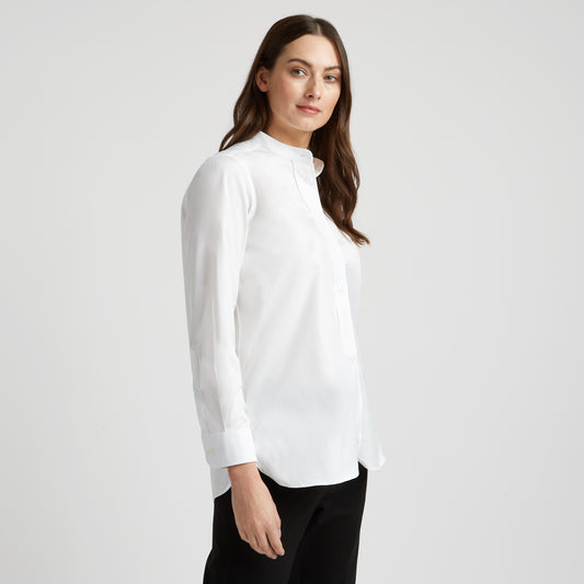 Grandad Pinpoint Button Cuff Shirt in White on model side view