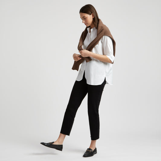 Grandad Pinpoint Button Cuff Shirt in White on model styled