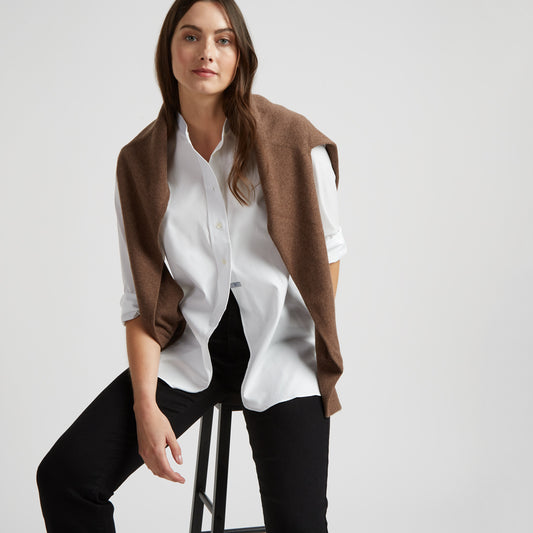 Grandad Pinpoint Button Cuff Shirt in White on model styled detail