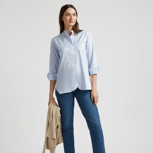 Grandad Pinpoint Button Cuff Shirt in Sky Blue on model