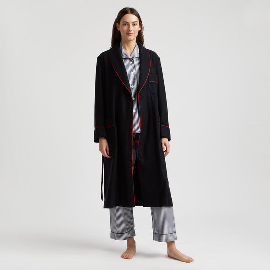 Exclusive Budd Stripe Women's Pyjamas in Navy on model with dressing gown