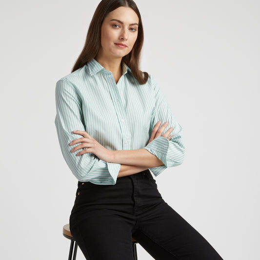 Buddette Exclusive Budd Stripe Double Cuff Shirt in Mint on model close up
