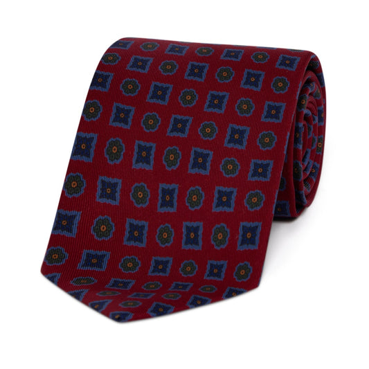 Diamond Floral Madder Silk Tie in Red and Navy