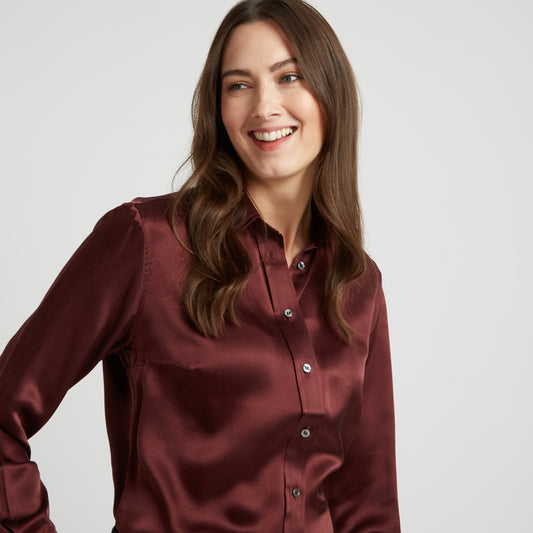Buddette Silk Button Cuff Shirt in New Claret on model details