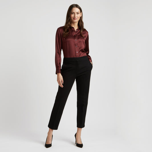 Buddette Silk Button Cuff Shirt in New Claret on model