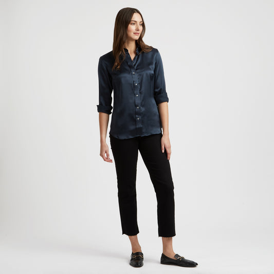 Buddette Silk Button Cuff Shirt in Indian Ink on model
